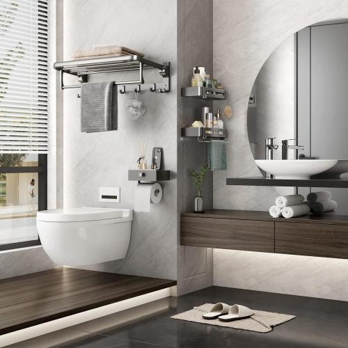 Bathroom Towel Rack with Towel Bar and Hooks 23.6 in Foldable Towel Shelf Wall Mounted Lavatory Towel Organizer Modern Gray Finish