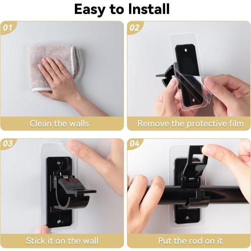 8PCS No Drill Curtain Rod Bracket, Self Adhesive Curtain Rod Holders, No Hole, Multipurpose Curtain Rod Hooks for Bathroom Living Room Kitchen and Bedroom (Black)