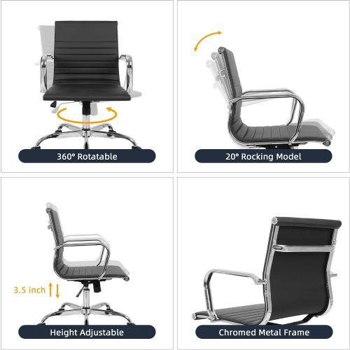 LANDSUN Home Office Chair Mid Back PU Leather Ribbed Swivel Tilt Adjustable Computer Desk Chair with Armrest Executive Conference Black