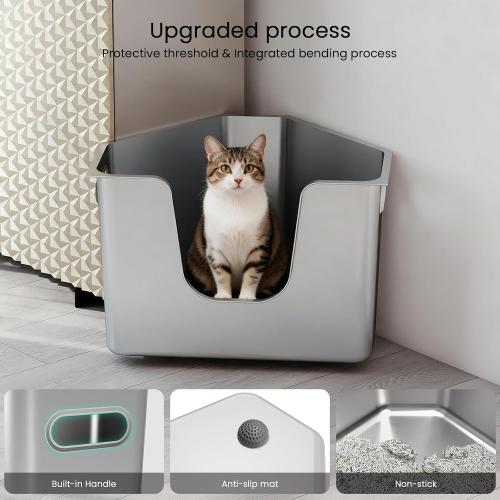 Stainless Steel Corner Cat Litter Box, Metal Litter Box with High Sided, One-piece Corner Cat Toilet, No Assembly Required, Non-Stick, No Odor Kitten Litter Pan, Easy to Clean, for Small Medium Cats