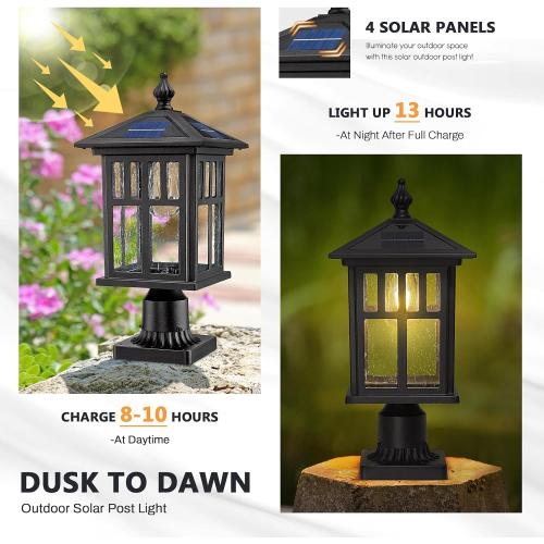 zeyu 19 Inch Solar Post Light with Pier Mount, Modern Large Solar Lamp Post Light for Patio with Remote Control, Die-Cast Aluminum with Seeded Glass Shade, Black Finish, ZX107P-SL BK