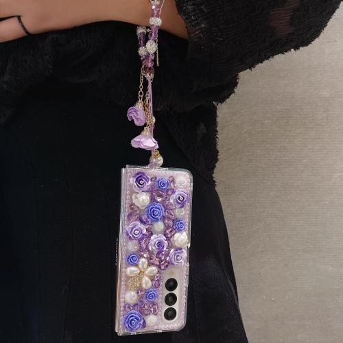 for Samsung Galaxy Z Fold 6 Case,Cute Bling Glitter Sparkle Stunning Stones Diamond Rhinestone 3D Handmade Pearl Rose Flower with Wrist Lanyard Women Girly for Galaxy Z Fold 6 (Purple)