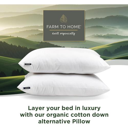 (1 pillow) Farm to Home 100% Organic Cotton Down Alternative Pillow King Size Luxury Hotel Collection Bedding Pillow Medium Soft for Back, Stomach or Side Sleepers, White/Queen/ 20X36