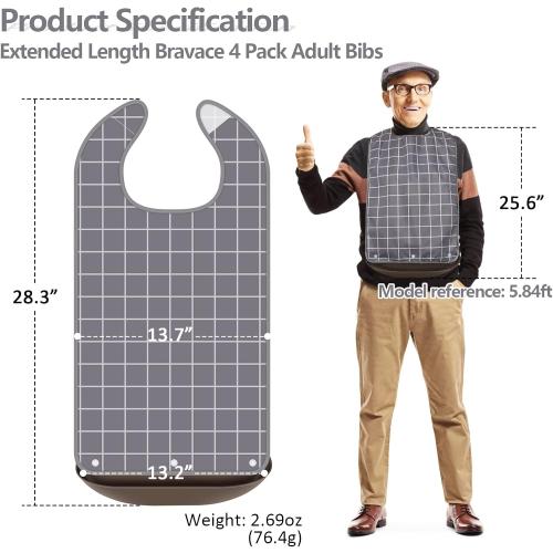Bravace 4 Pack Adult Bibs for Eating Waterproof Clothing Protector with Detachable Crumb Catcher Adult Bibs for Women and Men
