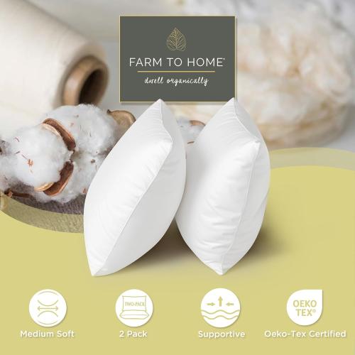 (1 pillow) Farm to Home 100% Organic Cotton Down Alternative Pillow King Size Luxury Hotel Collection Bedding Pillow Medium Soft for Back, Stomach or Side Sleepers, White/Queen/ 20X36