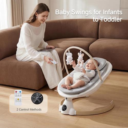 Baby Swing for Infants, Portable Electric Baby Swings with Bluetooth, 5 Swing Speed, 10 Melodies, 5-Point Harness, Remote Control & Touch Panel - Infant Swing for Indoor & Outdoor Use, Wood Grain