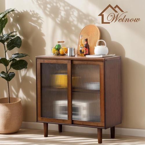 Welnow Buffet Cabinet, Bamboo Sideboard with Storage Kitchen Display Cabinet with 2-Tier Shelves Boho Coffee Bar Tables for Kitchen, Living Room, Entryway, Office, Walnut | 32.7H, 2-Tier Storage,Coffee Bar Cabinet with Fluted Glass Doors, Sideboard Cabinet for Kitchen, Living Room, Entryway