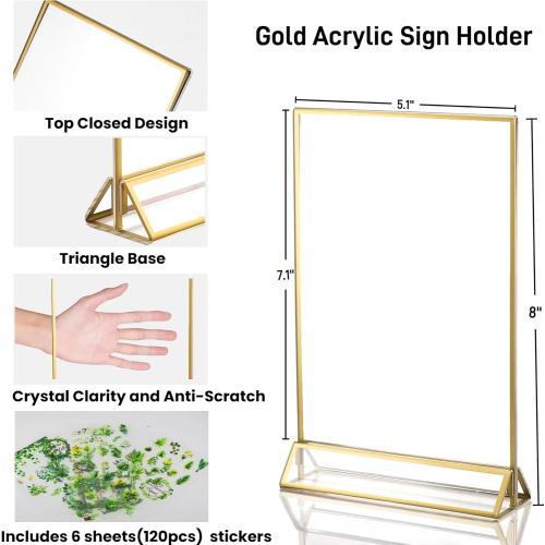 Acrylic Sign Holders 5x7” with 5 Stickers, Double Sided Clear Display Stand, Gold Tabletop Picture Frame, Table Menu Holder Display Stand for Wedding Number (Gold, 5 Pack 5x7 Inch)