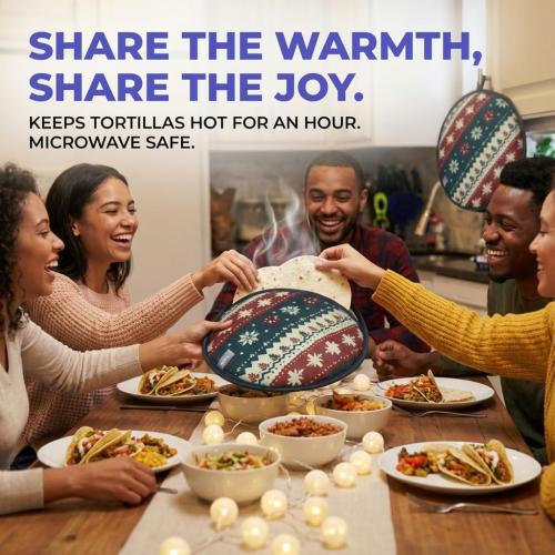 Sophix Tortilla Warmer Pouch - 12-Inch Large Size - This Thermal Insulated Fabric Holder Keeps Tortillas, Naan Bread, and Pizza Rolls Warm for up to One Hour (Christmas Design)