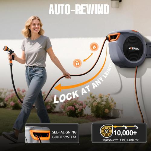 Retractable Garden Hose Reel Outside [1/2 inch ×100 FT], VOTREK Automatic Rewind Wall Mounted Hose Reel [Heavy Duty] with Any Length Lock, 180° Swivel Bracket, 9 Modes Nozzle for Watering Cleaning