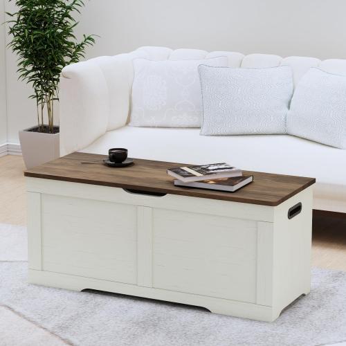 39.4 Storage Chest, Wooden Storage Bench, Lift Top Toy Chest | Large Toy Box with 2 Safety Hinges, Entryway Bench for Bedroom, Living Room, Brown and Rustic White