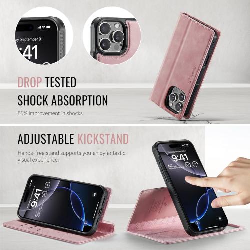 Wallet Case for iPhone 16 Pro Max Compatible with Magsafe, 2-in-1 PU Leather Flip RFID Blocking Card Holder Stand Shockproof Magnetic Detachable Cover for iPhone 16 Pro Max Case 6.9, Pink