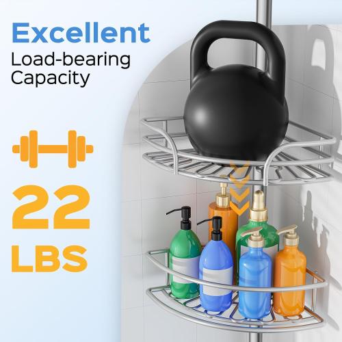 HAMITOR Corner Shower Caddy Tension Pole, Space-saving Bathtub Shelves | Adjustable No-Drill 47-123 In Rod, Large Capacity Bathroom Rack, Toiletries Storage, Home Restroom Organizer, Silver Gray