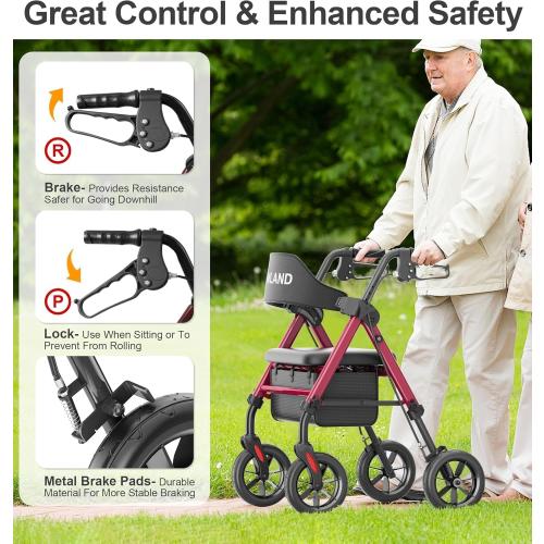 HOMLAND Walkers for Seniors with Seat, Foldable Rollator Walker, Reinforced Aluminum Frame, 8 Big Rubber Wheels for All Terrain, Height Adjustable Lightweight Rolling Walker