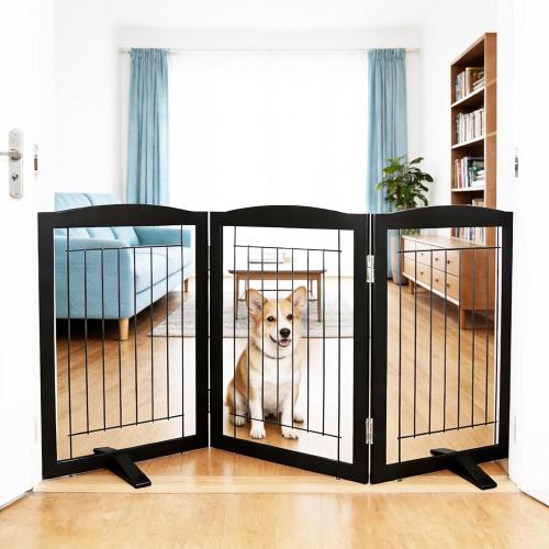 ZJSF Freestanding Dog Fence Indoor, Foldable Dog Gate for Doorways, Stairs or Hallways, Sturdy Wood Extra Wide Pet Gate with Support Feet for The House, Black, 32 Height-3 Panels