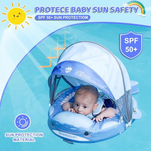 Blue Shark Mambobaby Baby Pool Float with Canopy & Tail Baby Swim Float Non-Inflatable Solid Baby Float Soft Waterproof Skin-Friendly Material Infant Swim Float for 3-24 Months Baby Boys Girls(Shark)