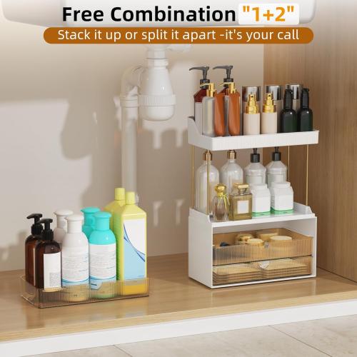 3 Large Drawers Makeup Organizer - 5 Tier Bathroom Counter Organizers and Storage, Versatile Perfume Vanity Organizer, Ideal for Cosmetic, Large Skincare, Face Mask, Office Supplies, Amber