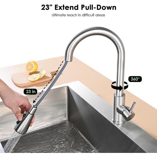 Kitchen Faucet with Pull Down Sprayer, High Arc Brushed Nickel Single Handle Kitchen Sink Faucet, Stainless Steel, 3 Mode(Stream/Spray/Pause), 360° Swivel, Grifos para Fregaderos de Cocina