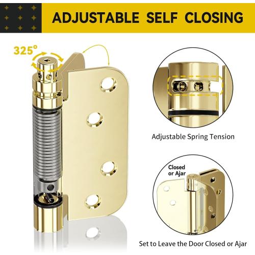 2 Pack Self Closing Door Hinges, 4 Inch Spring Loaded Door Hinges for Garage, Front, Back Door, Left/Right Hand, Adjustable Tension, 5/8'' Radius Corners, UL Listed, Gloden