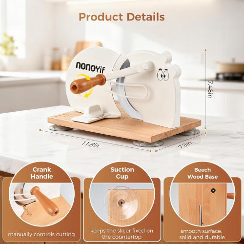 Manual Bread Slicer for Homemade Sourdough Bread, Adjustable Thickness, Hand-Crank Bread Cutter with Metal Guide, Suction Cup & Scale Line, Stainless Steel Blade, Beech Wood Base for Even Slices