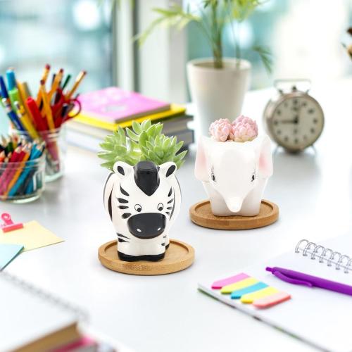 Small Ceramic Succulent Pots - 6 Pack 3 Cartoon Animal Shape Planters Indoor & Outdoor with Drain Holes and Bamboo Tray for Succulents, and Herbs