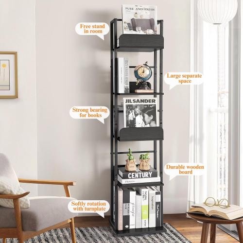 Bikoney Rotating Bookshelf, 360 Display Spinning Bookshelf Tower, 5-Tier Narrow Bookcase, Tall Industrial Book Shelf Organizer, Small Corner Book Shelves for Living Room, Black