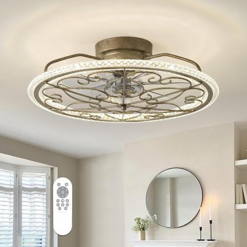 Low Profile Ceiling Fan with Lights 20 Ceiling Fan with Remote Bladeless Ceiling Fan Boho Vintage Flush Mount Ceiling Fan with Light 3 Color Smart LED Dimmable,Handmade Antique Vintage Silver