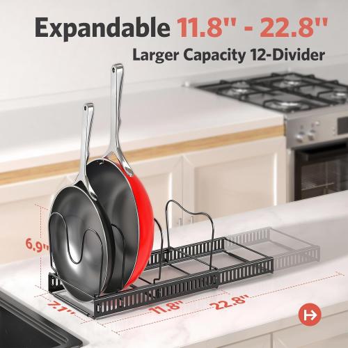 ORDORA Pots and Pans Organizer under Cabinet with Pan Holder: Expandable 11.8-22.8 Kitchen Cabinet Organizer Rack, 12 Adjustable Dividers Storage for Cookie Sheets, Cutting Boards & Lid Cookware
