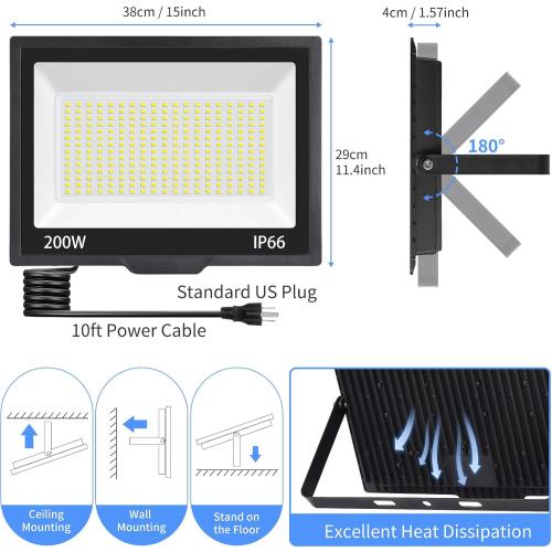 200W LED Flood Light Outdoor with Plug 10ft Wire, 24000Lm Super Brighter Security Light, IP66 Waterproof LED Worklight, 5000K Daylight White Exterior Floodlight for Yard Garden Garage Stadium(2 Pack)