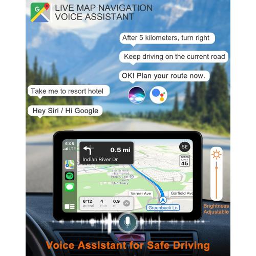 Wireless CarPlay Android Auto Car Screen, 7 Inch HD Bluetooth AirPlay Touch Screen Protable Car Stereo Naivgation Music Video Player Mirrorring, Siri, AUX, Voice Assistant