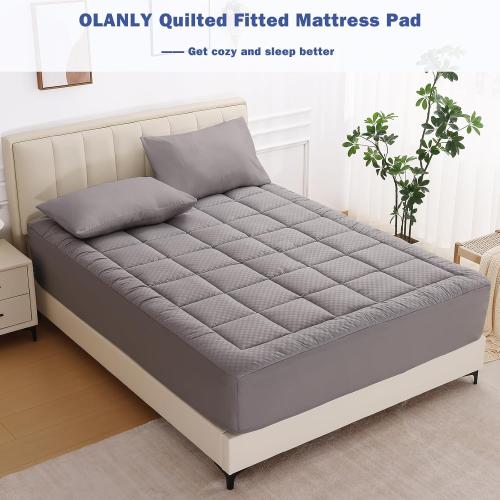 OLANLY King Quilted Fitted Mattress Pad, Cooling Soft Mattress Topper, Elastic Fitted Mattress Cover Stretches up to 21 Inches Deep, Machine Washable Mattress Protector (78in x80 inch, Light Grey)