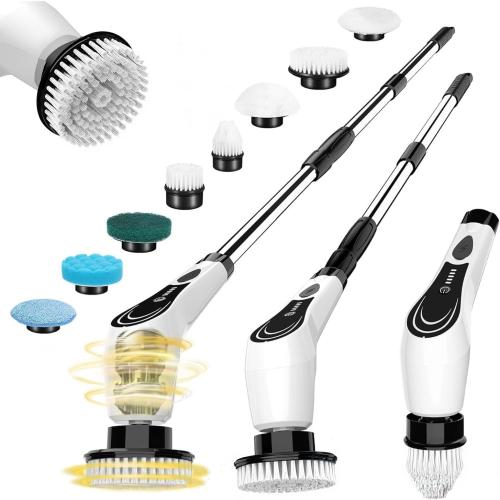 Electric Spin Scrubber with 8 Brush Heads, Extension Handle and 2 Speeds for Beginner, Teens.White-o1.