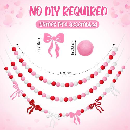 Breling 3 Pieces Valentine's Day Garland Felt Ball Garland, 10ft Pompom Bow Valentines Decorations Banner for Mantle Fireplace Room Valentine Hanging Decor