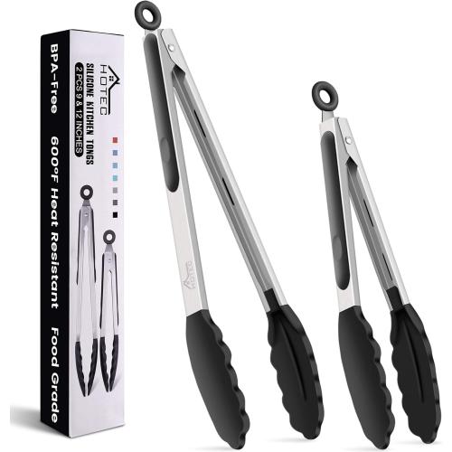 HOTEC Premium Stainless Steel Locking Kitchen Tongs with Silicon Tips, Set of 2-9 and 12