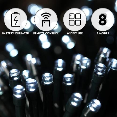 Tuanse 8 Pack Battery Operated Outdoor Christmas Tree String Lights,16.4 ft Mini Light Outdoor Christmas Lights with 50 Led of Dark Green Cable Lighting for Bedroom Garden Yard (White Light)