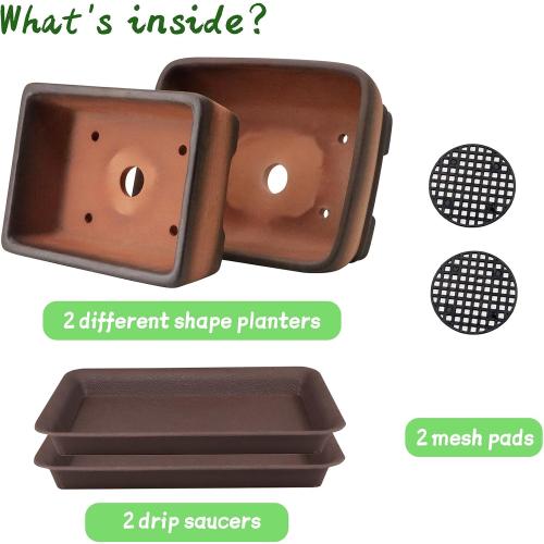 MUZHI 2 Pack Handmade Color Gradational Terracotta Bonsai Pot 5 Inch and 6 Inch with Drip Tray, Breathable Unglazed Rectangle Ceramic Planter for Tree Succulent Cactus