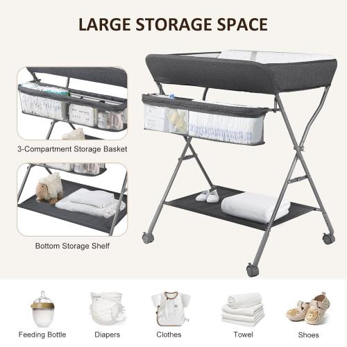 GREY Baby Changing Table with Wheels, Maydolly Portable Adjustable Height Folding Diaper Station with Nursery Organizer & Storage Rack for Newborn Baby and Infant (Dark Grey)
