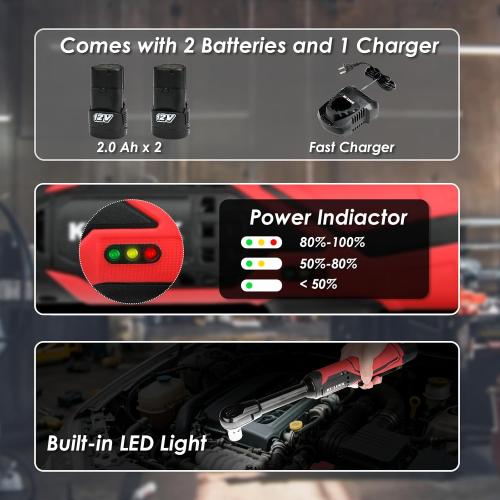 KITLUCK Cordless Electric Ratchet Wrench Set, 3/8 12V Extended Power Ratchet Tool Kit, 41 Ft-Lbs Cordless Ratchet with 8 Sockets, 1/4 adapter, LED Light, 2-Pack 2000mAh Battery And Charger