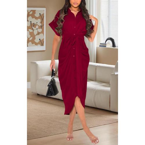 Size L YouSexy Women's Casual Satin Button Down Shirt Dress Short Sleeve Ruched Maxi Dresses with Belt