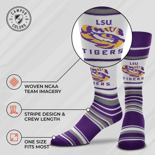 Color Purple Size Adult One size For Bare Feet Collegiate University Striped Dress Socks, One Size Fits Most Footwear for Men Women Youth, Game Day Apparel
