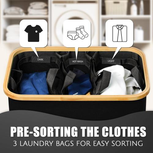 Hampers for Laundry Basket with Lid Extra Large 3 Section Clothes Divided Organizer for Bedroom, Laundry Room, Dirty Clothing Hamper, Black