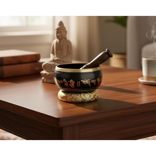 eSplanade - 6 inches - Singing Bowl Tibetan Buddhist Prayer Instrument With Striker Stick | OM Bell | OM Bowl | Meditation Bowl | Music Therapy (black)
