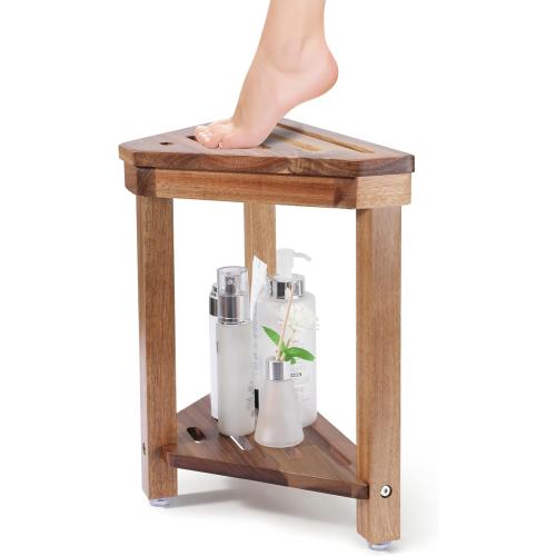 Shower Foot Rest 14in, Acacia Wood Shower Stool for Shaving Legs, Waterproof Corner Shower Stool with Storage Shelf for Inside Small Shower Spaces, Wood Color
