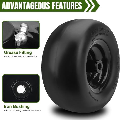 TWO 11x4.00-5 Flat Free Lawn Mower Tires on Wheels, Universal Fit 11x4.00-5 Smooth Tread Tire for Zero Turn Lawn Mowers - with 3/4 Bushings and 3.4-5 Centered Hub - Contain Adapter Kit | Black-2Pcs