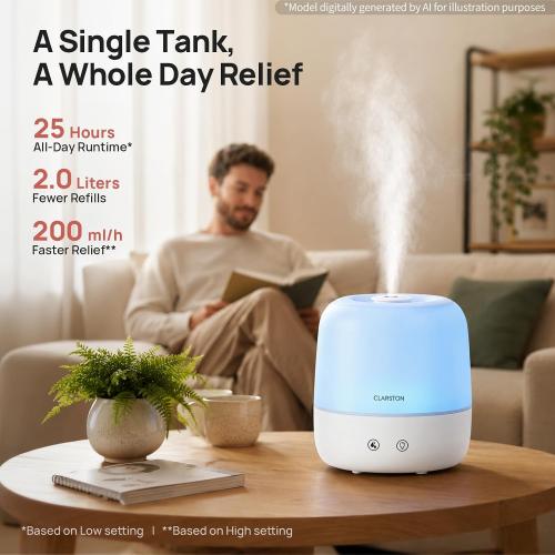 Clarston Humidifiers for Bedroom, 2L Cool Mist Humidifier, 24dB Quiet Sleep
