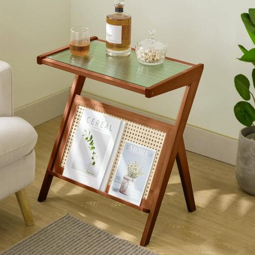 Product new. Box damage Rattan End Table with Magazine Rack Glass-top Bamboo Sofa Side Table Accent Bedside Nightstand Boho Z Shaped Coffee Table for Bedroom Living Room Small Space, Walnut