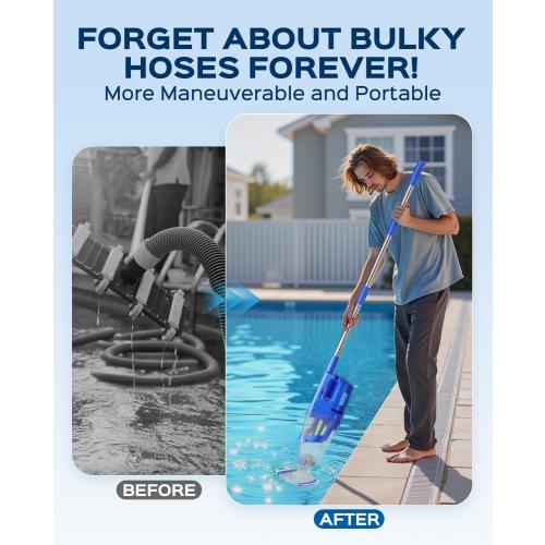 Cordless Handheld Pool Vacuum Cleaner with Telescopic Pole, 26.5 GPM Powerful Suction, Longer 1H Runtime, Portable Pool Vacuums for Above Ground/Inground Pools, Hot Tubs, Spas