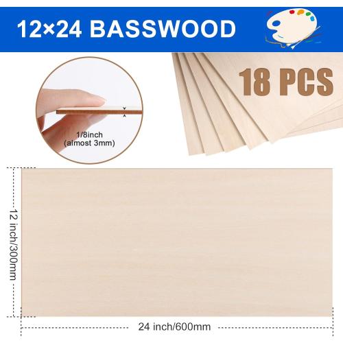 18 Pack 12x24x1/8 Inch Basswood Sheets, Large Size Basswood for Laser Cutting & Engraving, Plywood Wood Board Unfinished Wood Sheets for Crafts, DIY Architectural Models, Wood Burning and Painting.