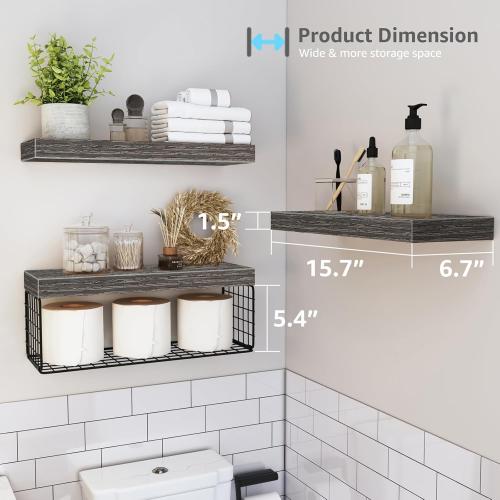 QEEIG Bathroom Shelves Over Toilet - Wall Mounted Floating Shelves Toilet Paper Storage Small Farmhouse Decor Shelf 16 inch Set of 3, Grey (019-GY3)