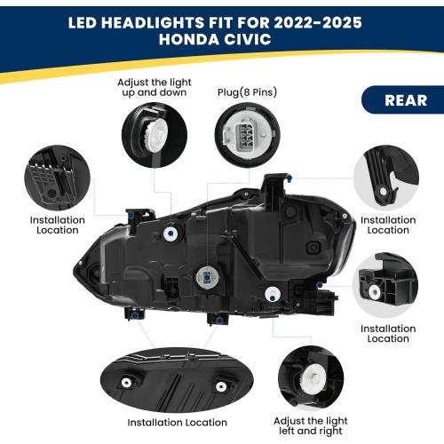 LED Headlights Assembly Fit for 2022 2023 2024 2025 HONDA CIVIC Sedan/Hatchback（Ex, Lx, Si, Sport, Sport Touring, Touring） 11th Gen Civic，Replaces OE#LH 33100-T20-A22 HO250320